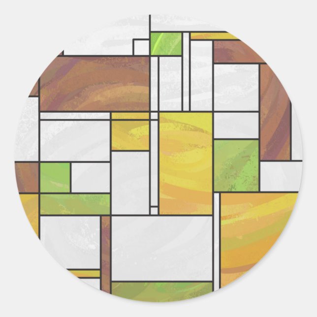 Mondrian Brown Yellow Green Print Classic Round Sticker (Front)
