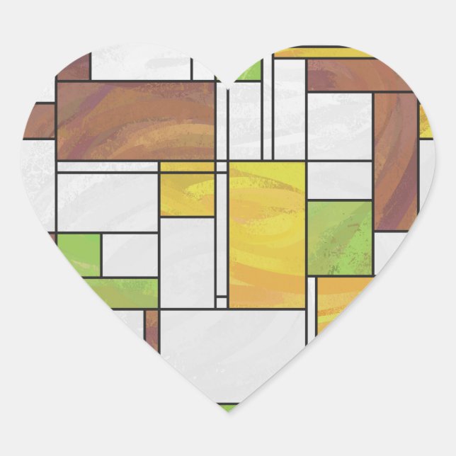 Mondrian Brown Yellow Green Print Heart Sticker (Front)