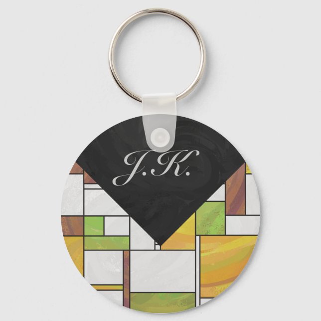 Mondrian Brown Yellow Green Print Keychain (Front)