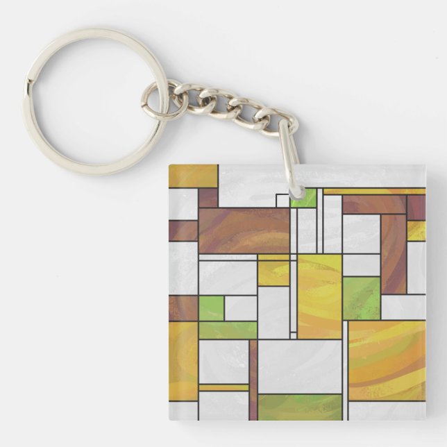 Mondrian Brown Yellow Green Print Keychain (Front)