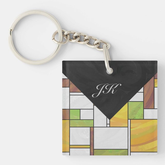 Mondrian Brown Yellow Green Print Keychain (Front)