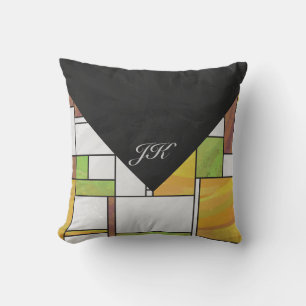 Mondrian Brown Yellow Green Print Throw Pillow