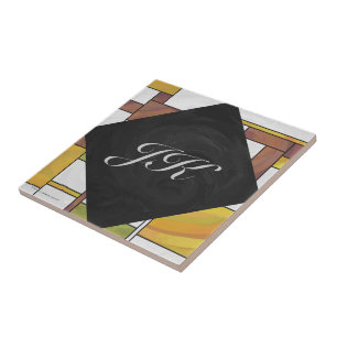 Mondrian Brown Yellow Green Print Tile
