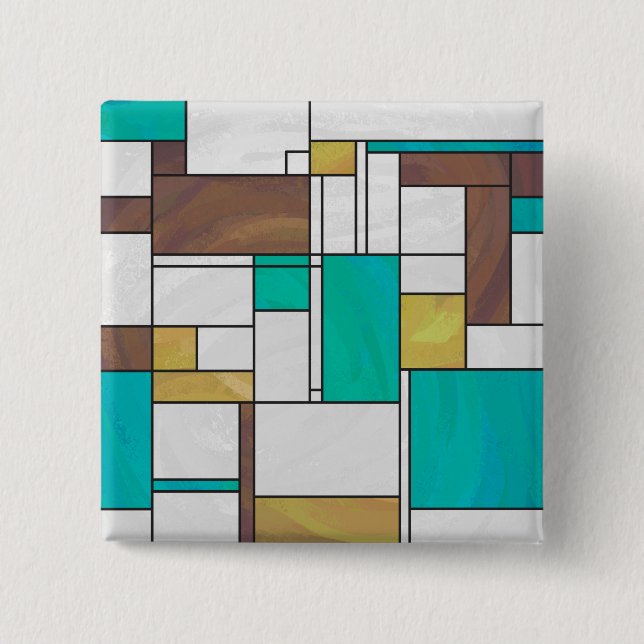 Mondrian Brown Yellow Teal Print 2 Inch Square Button (Front)