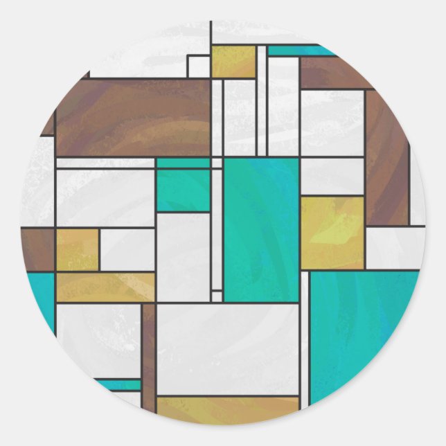 Mondrian Brown Yellow Teal Print Classic Round Sticker (Front)