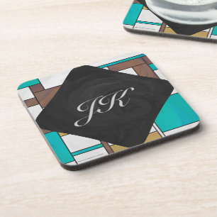 Mondrian Brown Yellow Teal Print Coaster