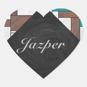 Mondrian Brown Yellow Teal Print Heart Sticker