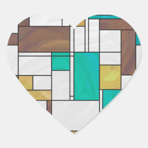 Mondrian Brown Yellow Teal Print Heart Sticker