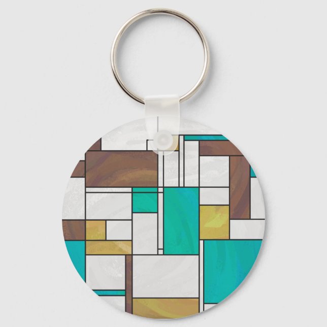 Mondrian Brown Yellow Teal Print Keychain (Front)
