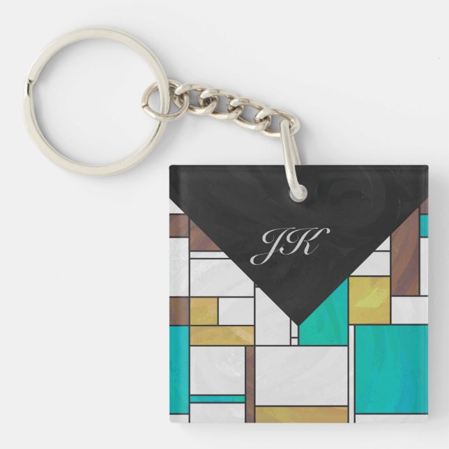 Mondrian Brown Yellow Teal Print Keychain (Front)