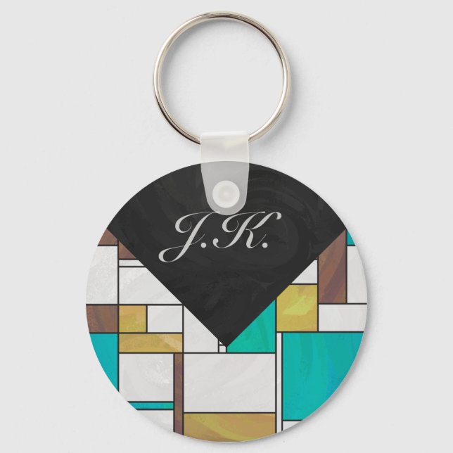 Mondrian Brown Yellow Teal Print Keychain (Front)