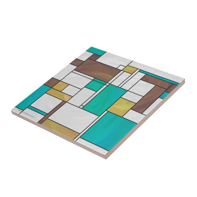 Mondrian Brown Yellow Teal Print Tile (Side)
