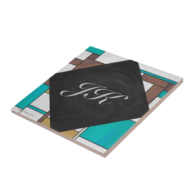 Mondrian Brown Yellow Teal Print Tile (Side)