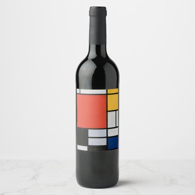Mondrian Composition Red Yellow Blue Black  Wine Label (Front)