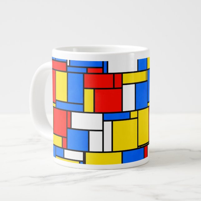 Mondrian Inspired Style Red Blue Yellow Pattern Large Coffee Mug (Front Left)