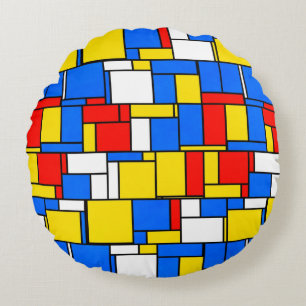 Mondrian Inspired Style Red Blue Yellow Pattern Round Pillow