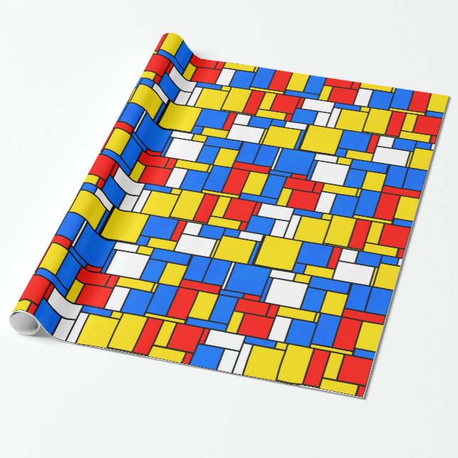 Mondrian Inspired Style Red Blue Yellow Pattern Wrapping Paper (Unrolled)