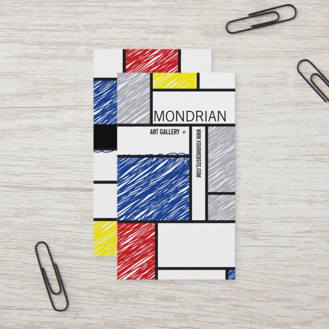 Mondrian Modern Simple Art Minimalist Scribbles Business Card (Front/Back In Situ)
