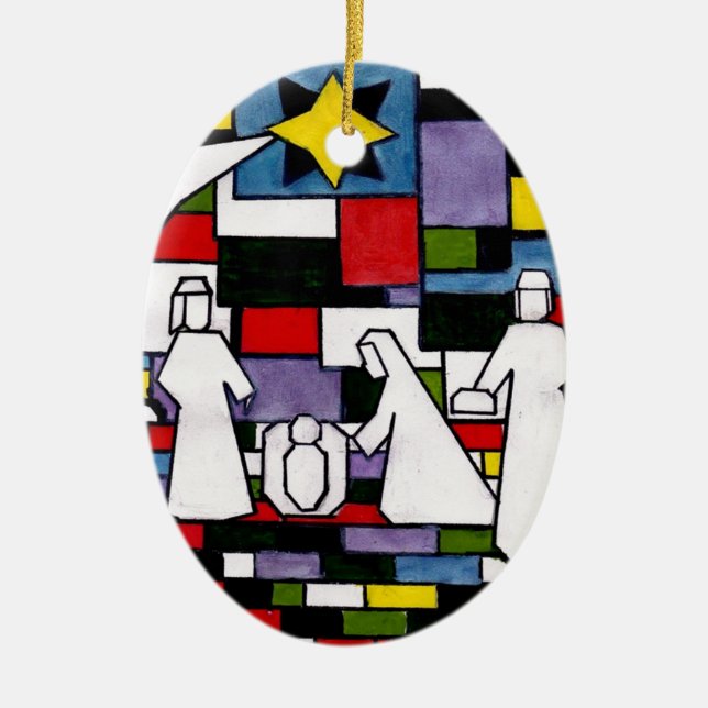 Mondrian Nativity - De Stijl - Neoplasticism Ceramic Ornament (Front)
