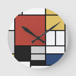 Mondrian Painting Red Plane Yellow Black Gray Blue Round Clock