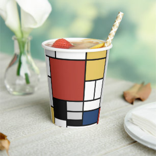 Mondrian Painting Red Plane Yellow Black Grey Blue Paper Cups