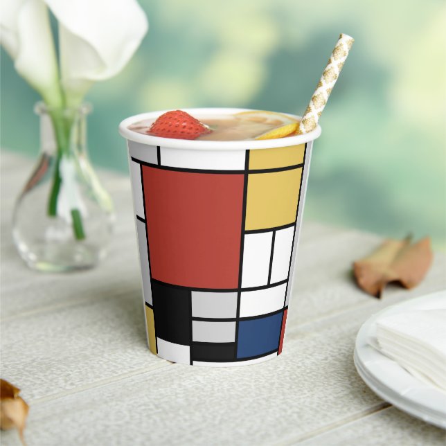 Mondrian Painting Red Plane Yellow Black Grey Blue Paper Cups (Insitu)