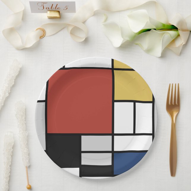 Mondrian Painting Red Plane Yellow Black Grey Blue Paper Plate (Wedding)
