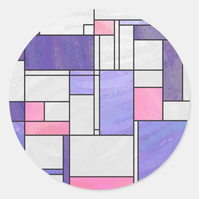 Mondrian Pink Purple White Print Classic Round Sticker (Front)