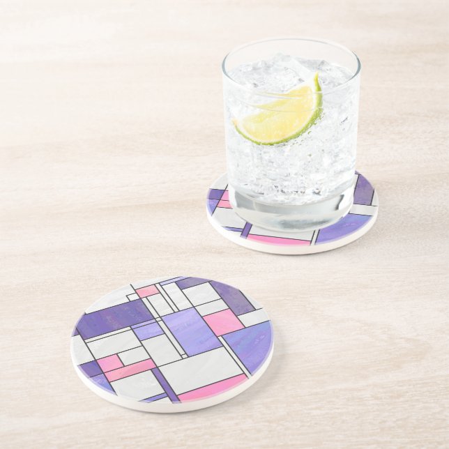 Mondrian Pink Purple White Print Coaster (Side)