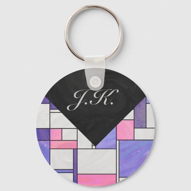 Mondrian Pink Purple White Print Keychain (Front)