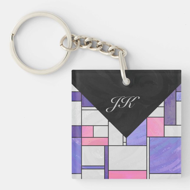 Mondrian Pink Purple White Print Keychain (Front)