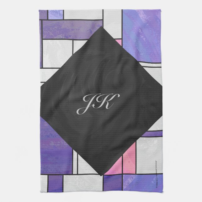 Mondrian Pink Purple White Print Kitchen Towel (Vertical)