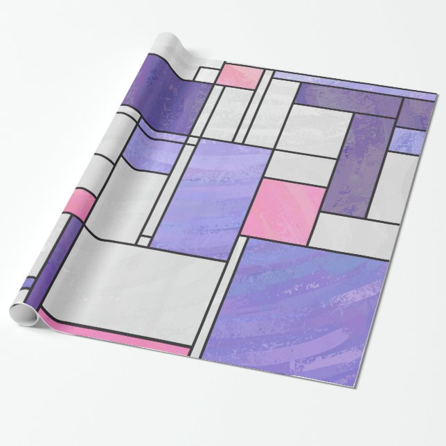 Mondrian Pink Purple White Print Wrapping Paper (Unrolled)