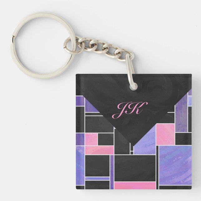 Mondrian Purple Pink Black Print Keychain (Front)