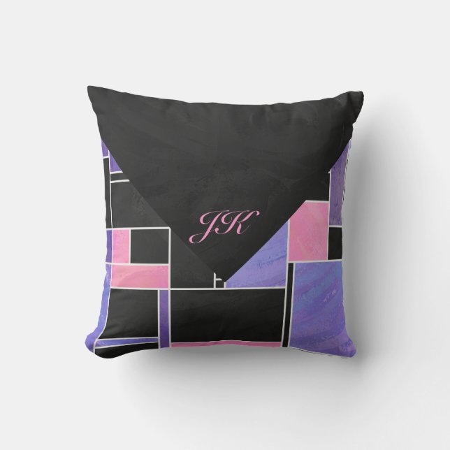 Mondrian Purple Pink Black Print Throw Pillow (Front)