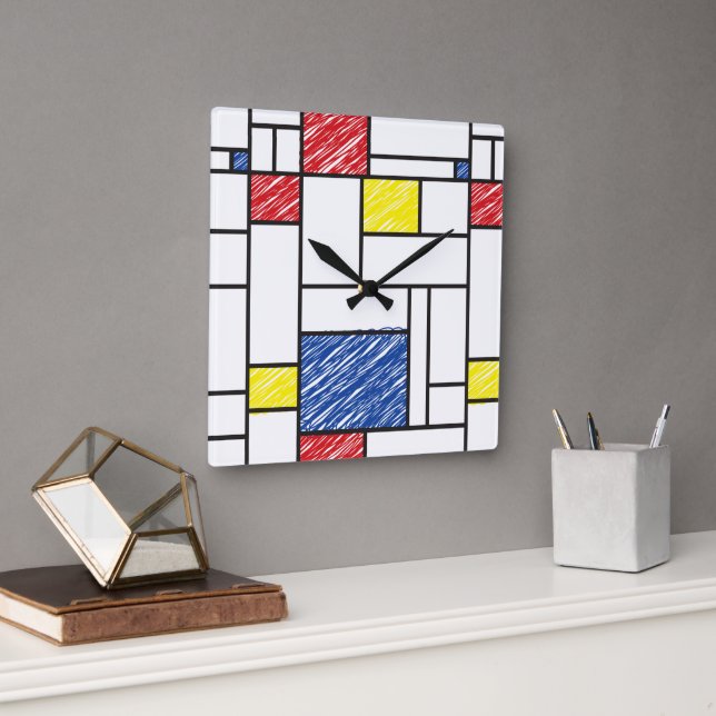 Mondrian Scribbles Minimalist De Stijl Modern Art Square Wall Clock (Office)