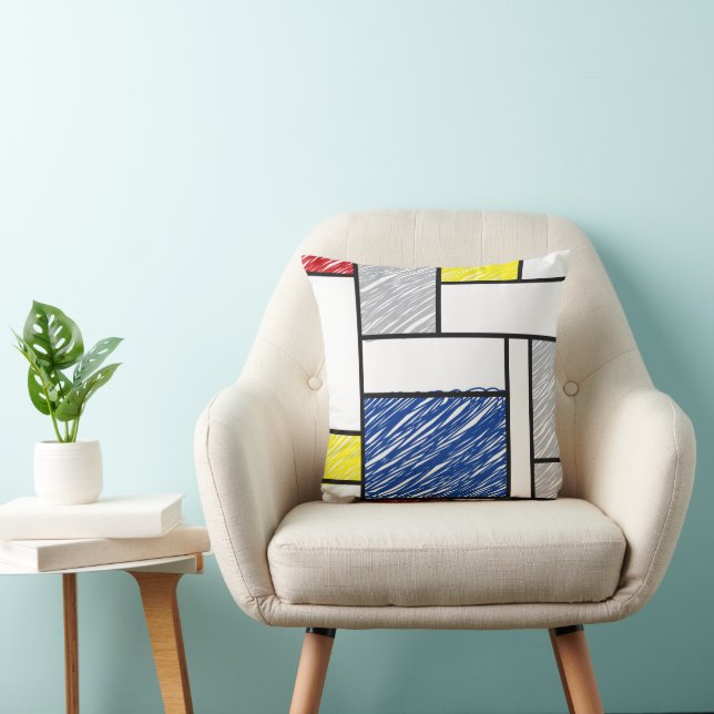 Mondrian Scribbles Minimalist De Stijl Modern Art Throw Pillow (Chair)