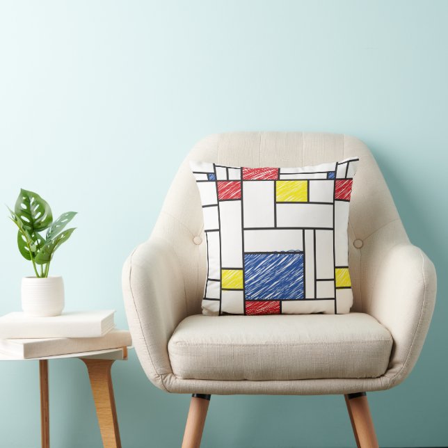 Mondrian Scribbles Minimalist De Stijl Modern Art Throw Pillow (Chair)