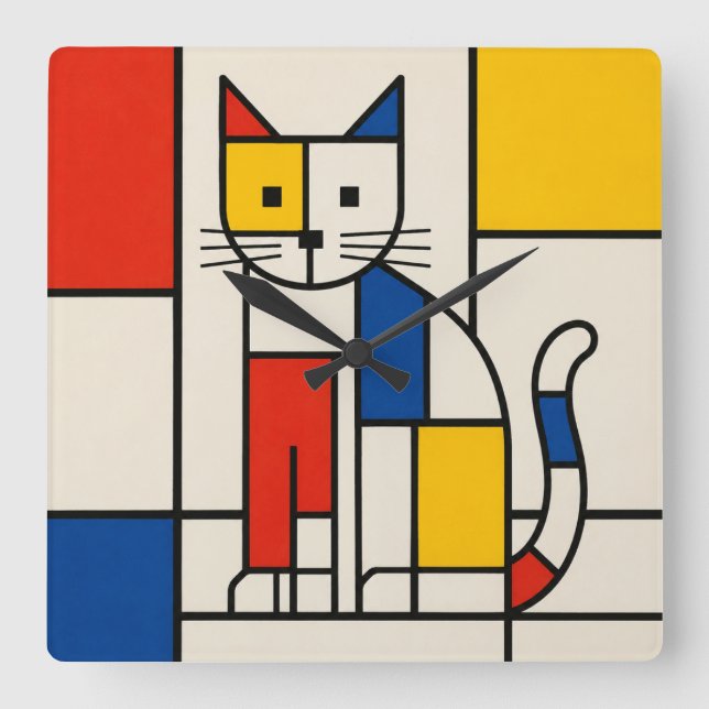 Mondrian Style Geometric Cat Abstract Pop Art Square Wall Clock (Front)