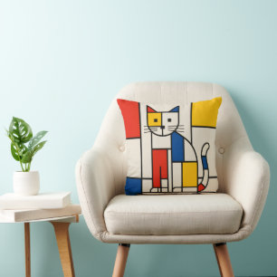 Mondrian Style Geometric Cat Abstract Pop Art Throw Pillow