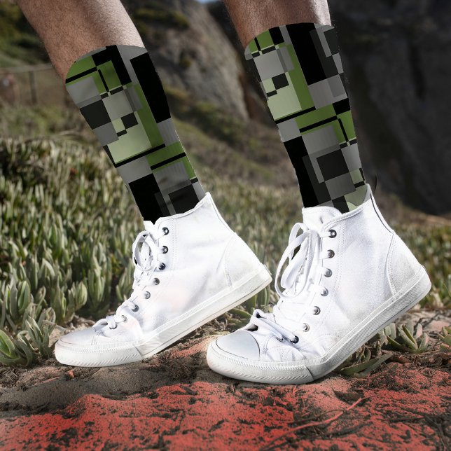  Mondrian Style Grey Green Abstract Modern Pattern Socks (Creator Uploaded)