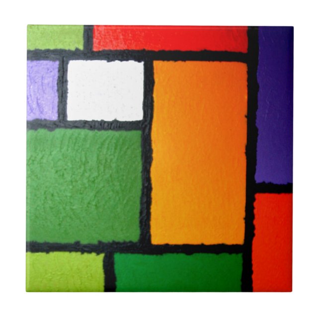 Mondrian Style Orange Green Blue Fuzzy Abstract Tile (Front)