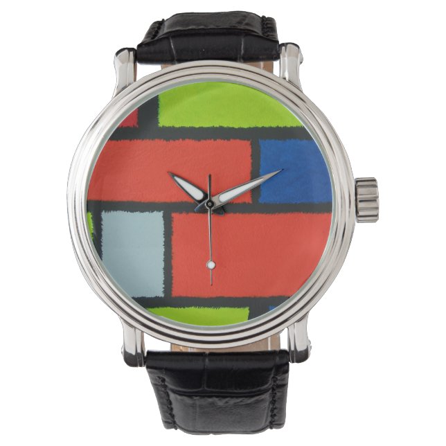 Mondrian Style Orange Green Blue Fuzzy Abstract Watch (Front)
