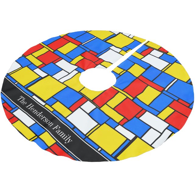 Mondrian Style Red Blue Yellow Black Name Monogram Brushed Polyester Tree Skirt (Angled)
