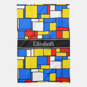 Mondrian Style Red Blue Yellow Black Name Monogram Kitchen Towel