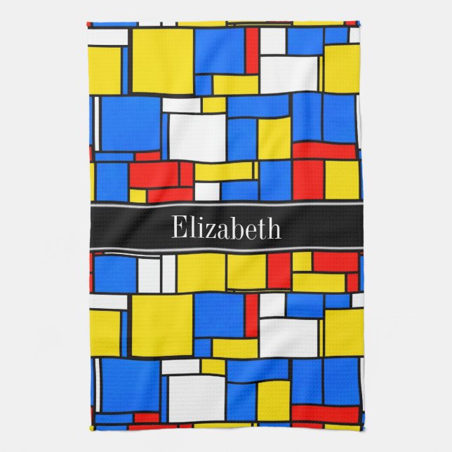 Mondrian Style Red Blue Yellow Black Name Monogram Kitchen Towel (Vertical)
