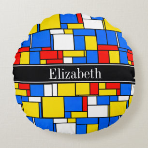 Mondrian Style Red Blue Yellow Black Name Monogram Round Pillow