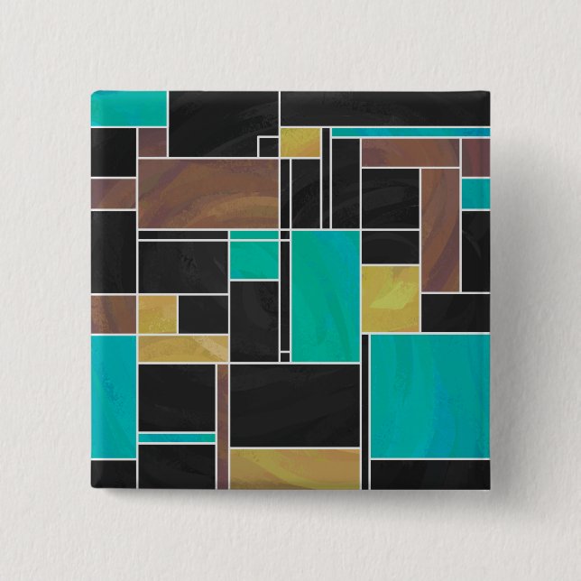 Mondrian Teal Brown Black Print 2 Inch Square Button (Front)