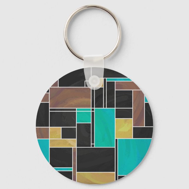Mondrian Teal Brown Black Print Keychain (Front)