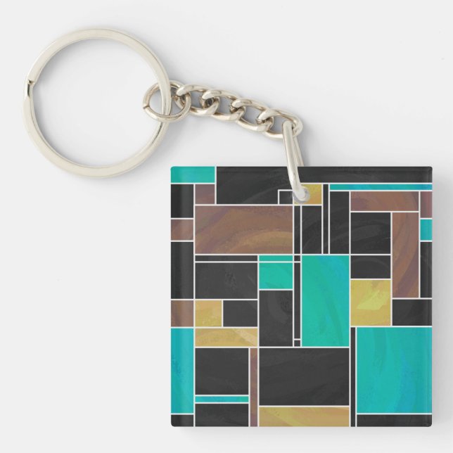 Mondrian Teal Brown Black Print Keychain (Front)